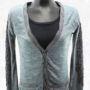 Miss Me Grey Black Knit Cardigan Sweater Rhinestone Bling - Women's Size S